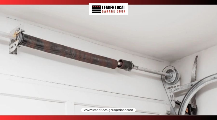 Two-inch gap in torsion spring indicating garage door spring failure