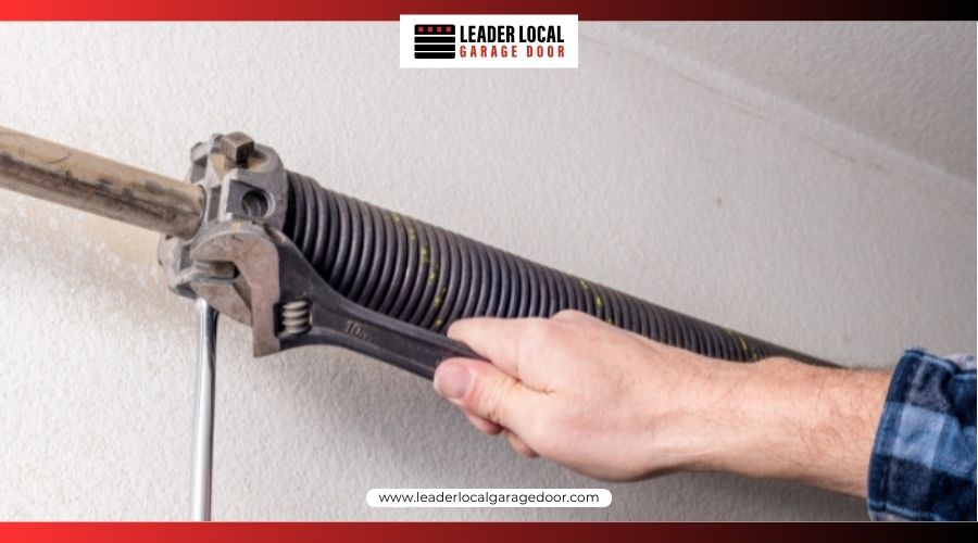 Technician replacing garage door torsion springs using winding bars