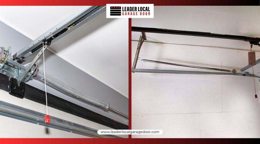 Side-by-side comparison of torsion spring and extension spring garage door systems