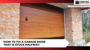 A modern residential garage door stopped halfway open on its tracks