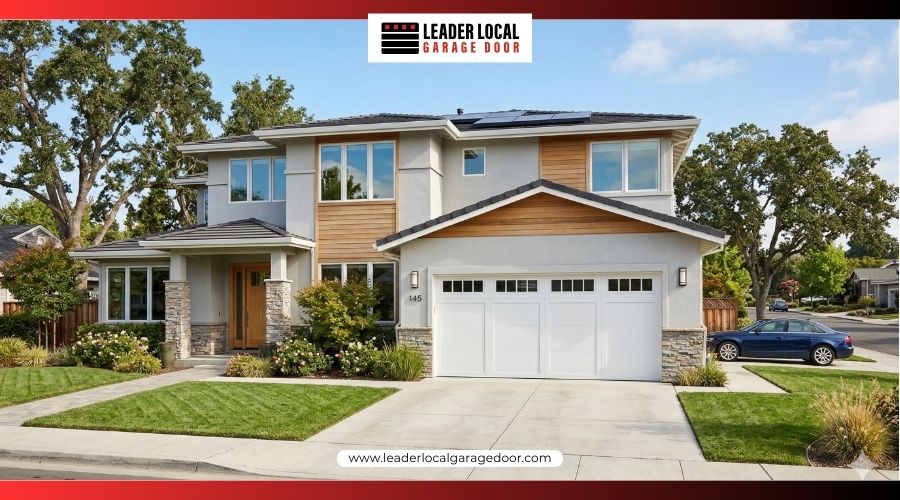 A white modern sectional garage door on a suburban home with concrete driveway.