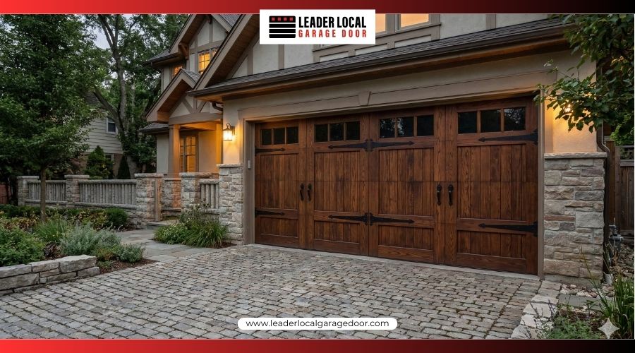 Classic wood side-hinged carriage house garage doors on a craftsman style home.