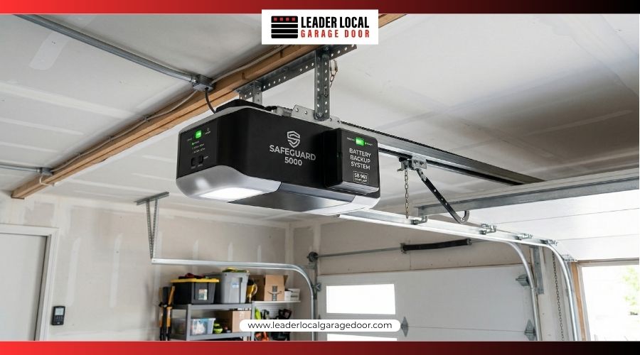 A modern ceiling mounted automatic garage door opener motor equipped with a compliant battery backup system