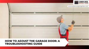 A homeowner standing on a ladder inspecting an automatic garage door opener motor