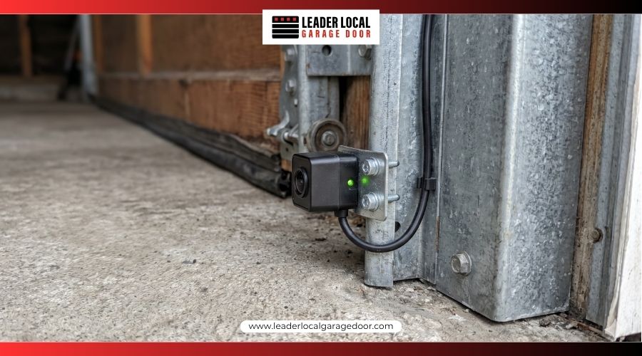 Close up of a garage door photo eye safety sensor attached to the bottom of the metal track