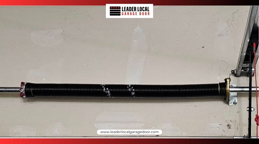 garagedoorspringrepair A close up of a black garage door torsion spring mounted on a metal shaft against a wall