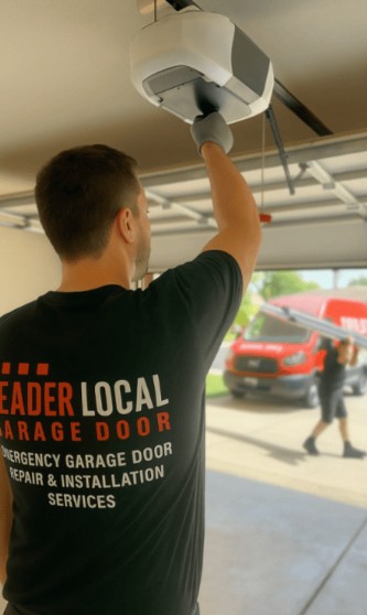 Technician wearing a garage door company shirt installs a ceiling-mounted garage door opener in a residential garage.