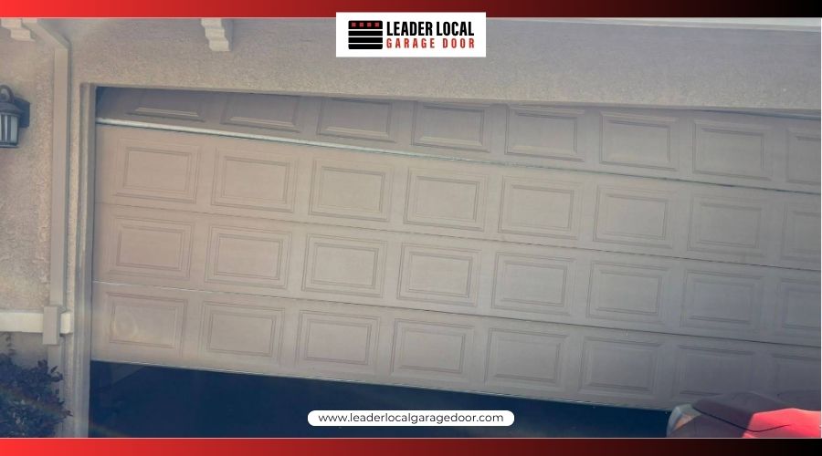 troubleshootgaragedoor A beige sectional garage door that is stuck and visibly crooked on its tracks