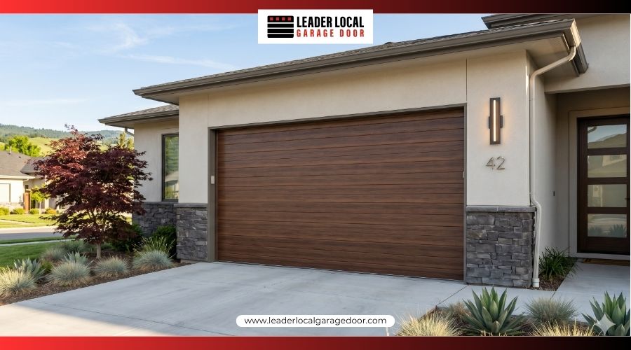 A stylish garage door featuring a baked on faux wood factory finish that resists fading and sun damage