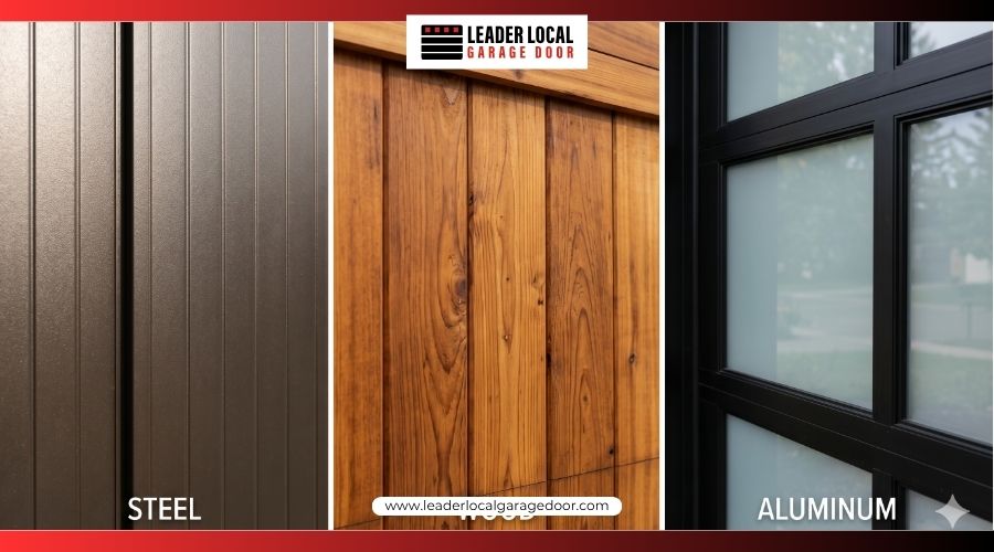 Close up comparison of popular garage door materials including durable steel natural wood and modern aluminum glass
