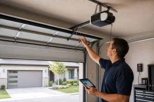 Man in a dark shirt points at an overhead garage door opener while holding a tablet inside a garage with a suburban driveway outside