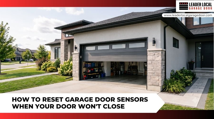 garagedoorwontclosesensorissue Leader Local Garage Door Leader Local Garage Door A modern residential garage door stuck partially open due to safety sensor beam issues