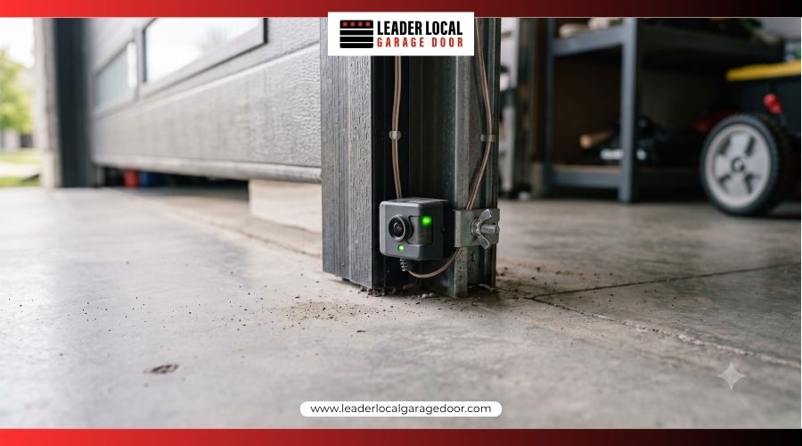Close up view of a garage door safety sensor photo eye mounted to the bottom track near the floor