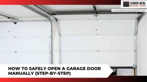Inside view of closed white sectional garage doors with overhead emergency release cords