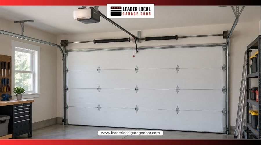 Insulated residential garage door with tracks, rollers, and automatic opener Insulated residential garage door with tracks, rollers, and automatic opener