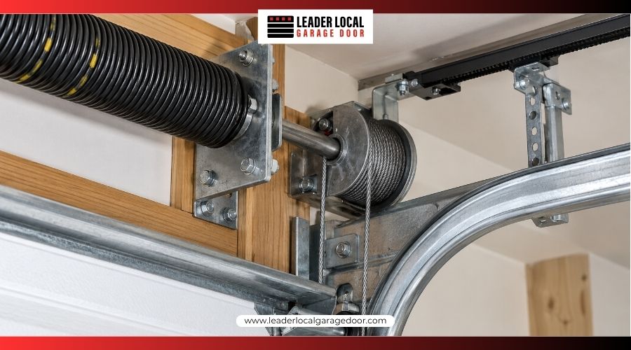 Garage door torsion spring, tracks, cables, and opener system after installation Garage door torsion spring, tracks, cables, and opener system after installation