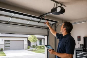 LiftMaster Garage Door Opener Man in a dark shirt points at an overhead garage door opener while holding a tablet inside a garage, with a suburban driveway outside.