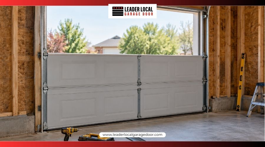 New sectional garage door panels and tracks during installation New sectional garage door panels and tracks during installation