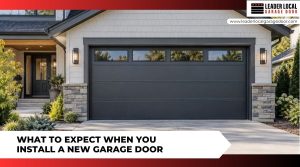 Gray sectional garage door on a modern home with a promotional banner about installing a new garage door. Gray sectional garage door on a modern home with a promotional banner about installing a new garage door.