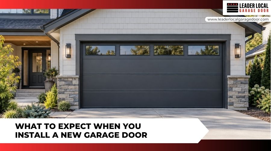 Gray sectional garage door on a modern home with a promotional banner about installing a new garage door.